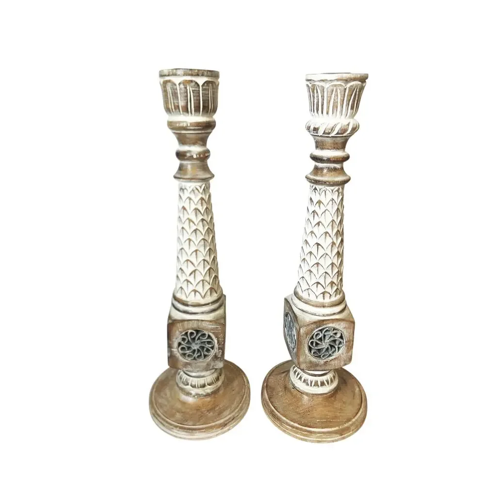 Pier 1 Hand-Carved Wood Candle Holders: Whitewashed Boho Decor